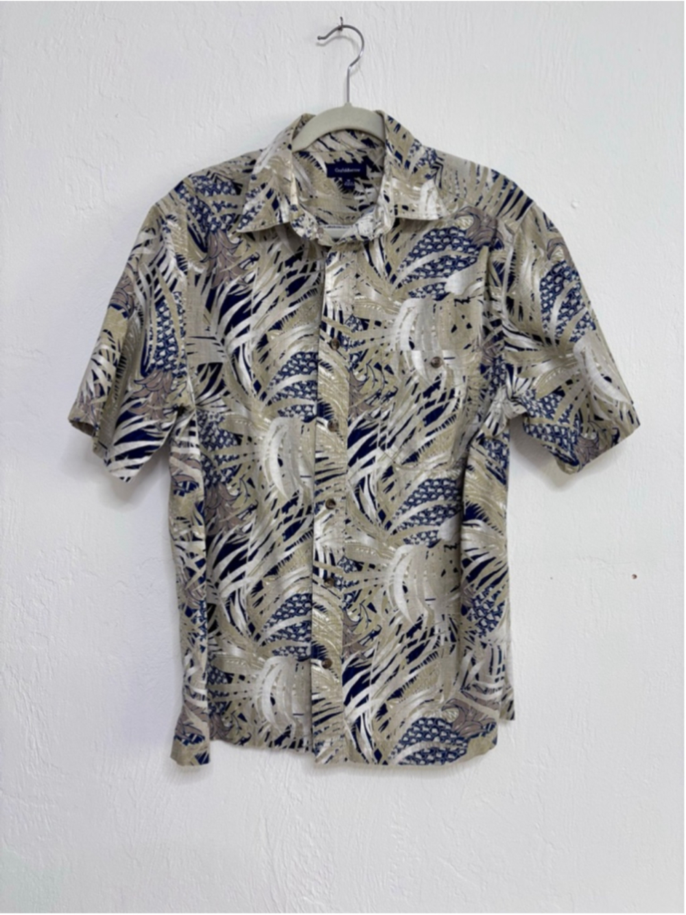 Men's Croft&Barrow Casual Button Down Shirt M Beige Blue Pineapple Print Cotton